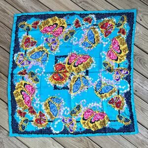 Judith Leiber Gorgeous Turquoise Colorful Butterfly Print Scarf 100% Silk